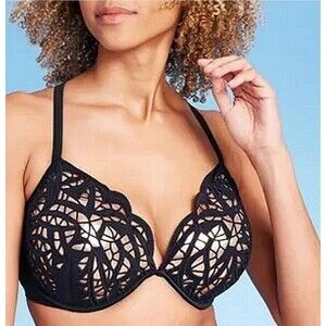 Shade & Shore Underwire lace  Halter Swimsuit Bikini Top Size 38/D black/gold